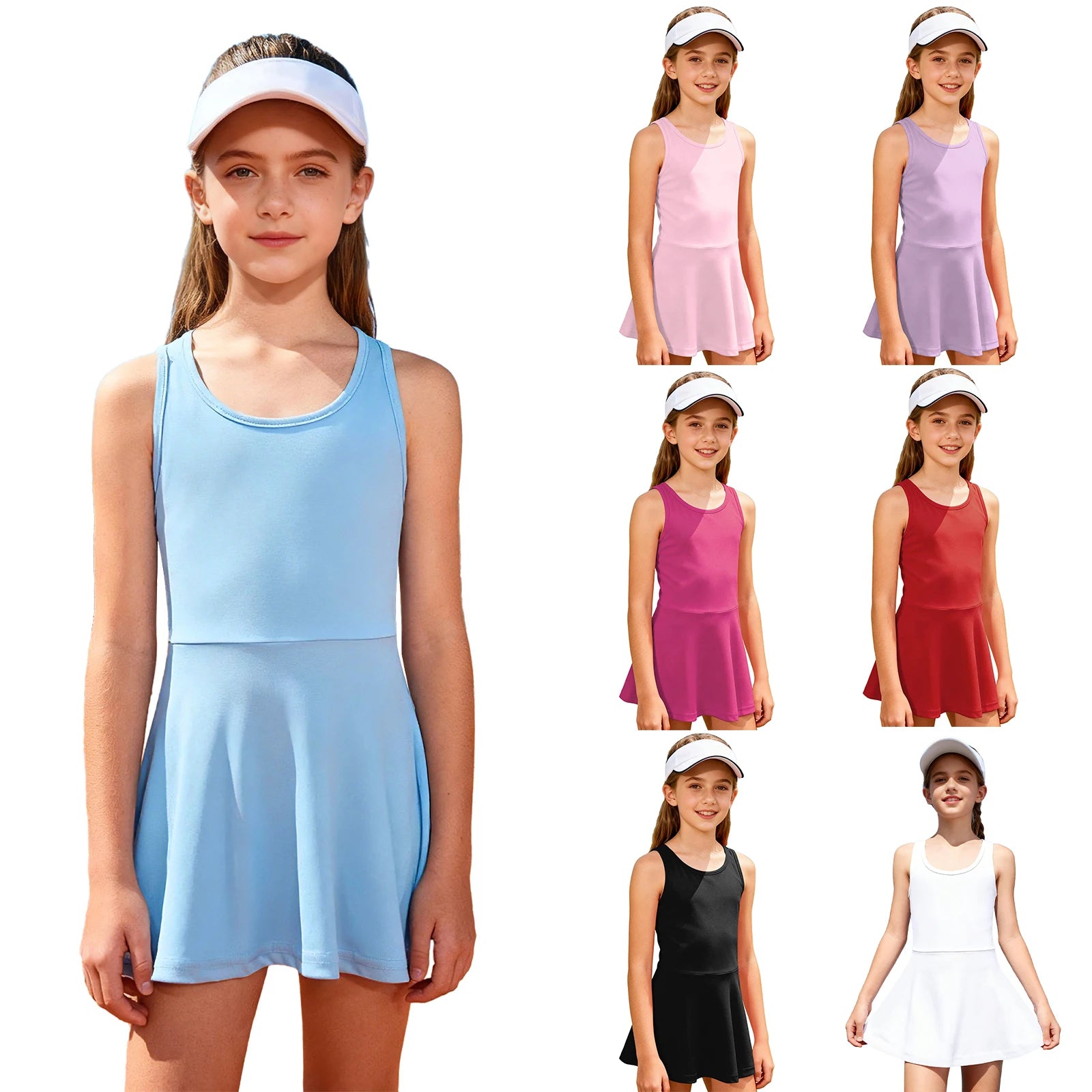 Kids Girls Golf Tennis Dress U - Neck Sleeveless Racer Back Athletic Sundress School Sports Dresses for Badminton Workout Running - lily supply