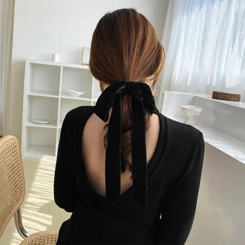 Vintage Black Velvet Bow Ribbon Scrunchie - Long Elastic Hair Tie for Women - lily supply