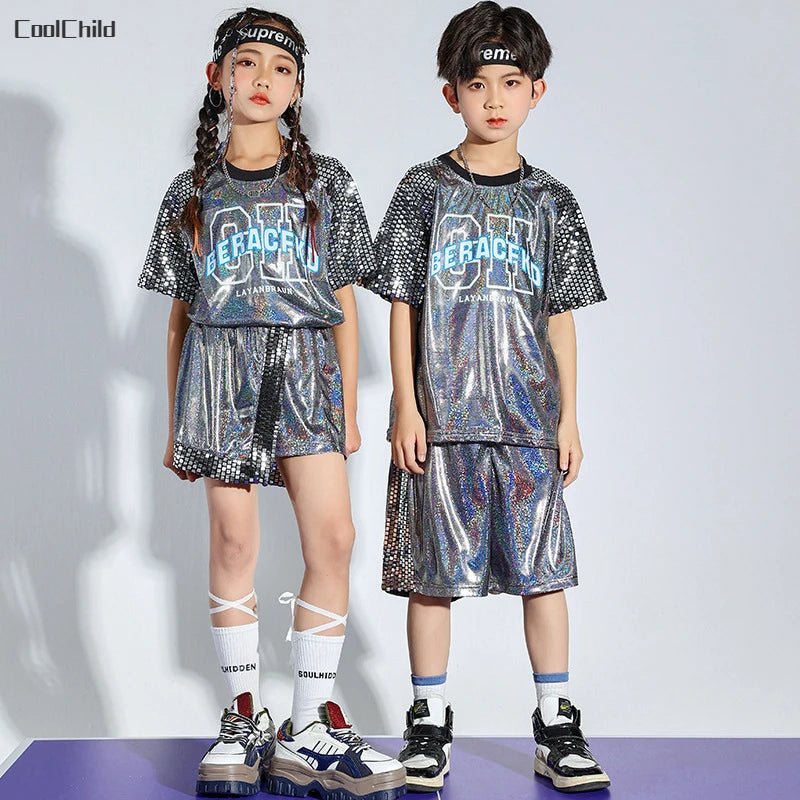 Girls Hip Hop Shine T-shirt Street Dance Skirts Boys Tee Silver Shorts Clothes Sets Kids Jazz Outfits Child Summer Streetwear - lily supply