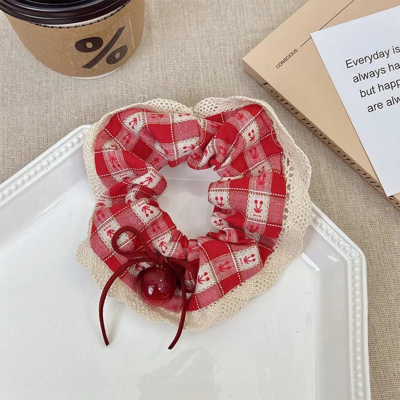 Red Check Cherry Lace Scrunchie - Sweet Square Scarf Hair Rope - lily supply