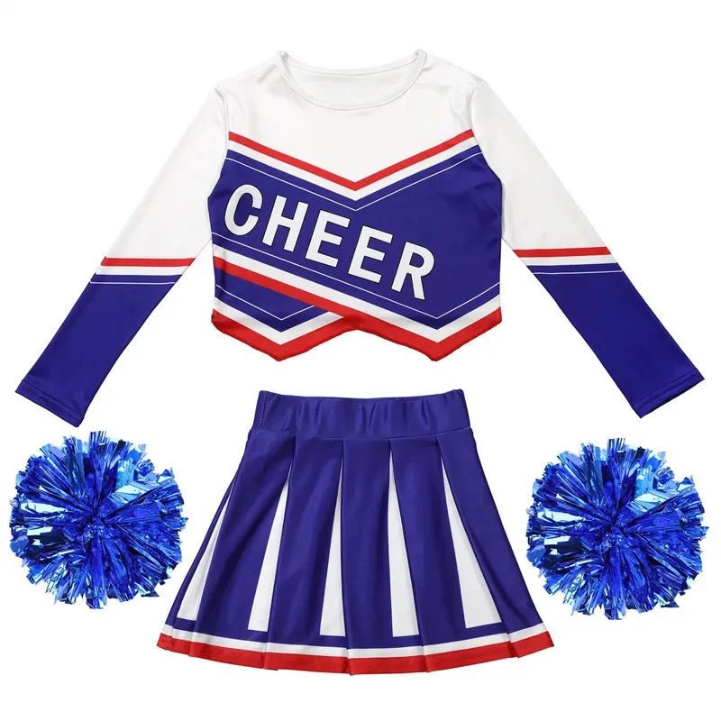 3 - 12Y Girls Cheerleader Dress (With Hand Flower) Printed Letter T-Shirt Football Game Festival Cosplay Clothing Blue Red Skirt - lily supply