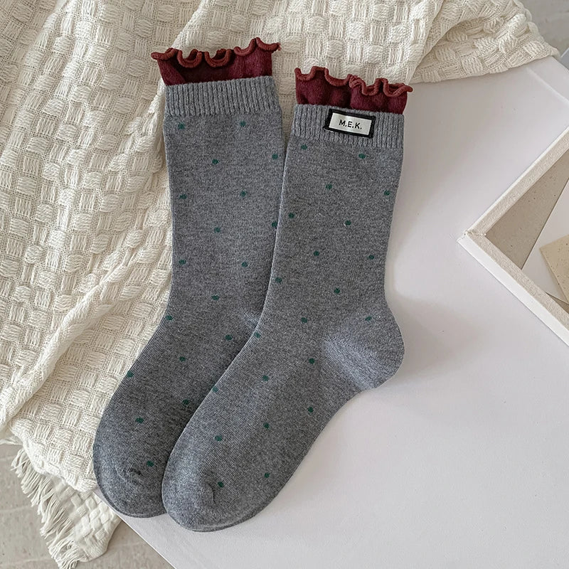 Women's Frilly Dots Preppy Long Cotton Socks – Sweet Knee High Socks - lily supply
