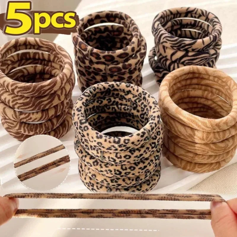 5pcs Leopard Print High Elastic Scrunchie Hair Ties - Ponytail Holders