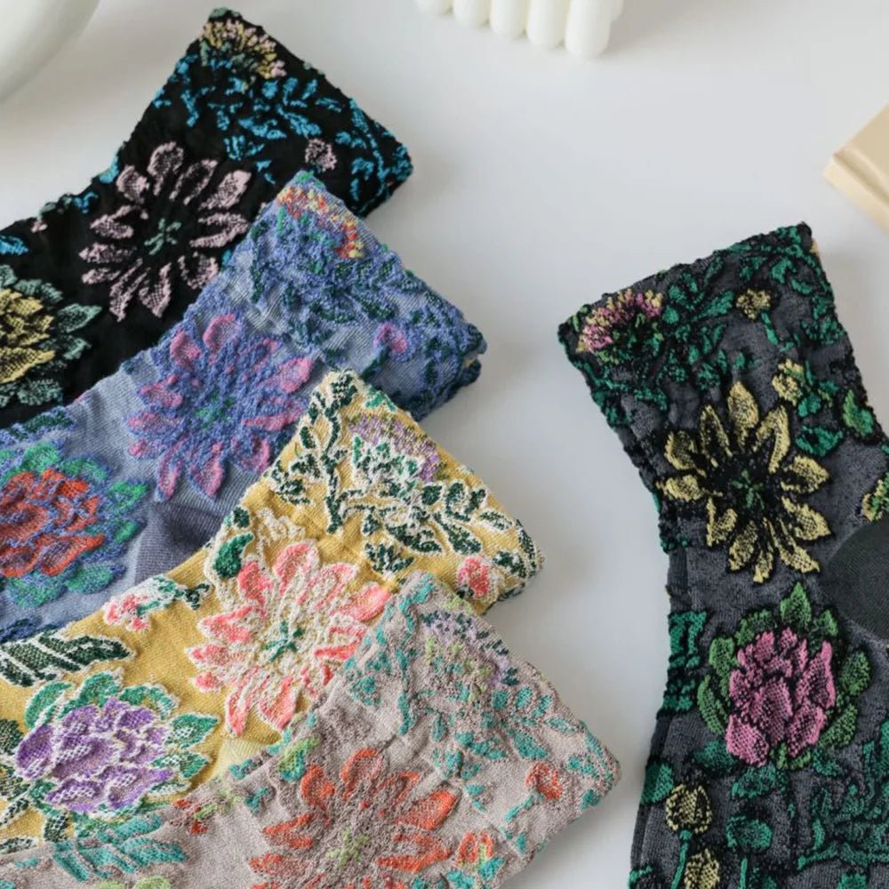 Women's Floral Embossed Harajuku Cotton Long Socks – Textured Knee Socks - lily supply