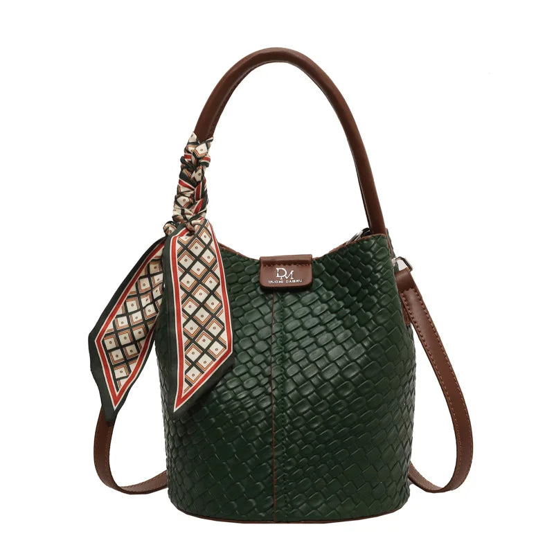 Fashionable Women's Bucket Bag, Stylish Solid Color Woven Effect Handbag Shoulder Bag and Crossbody Bag, Can Be Carried By Hand