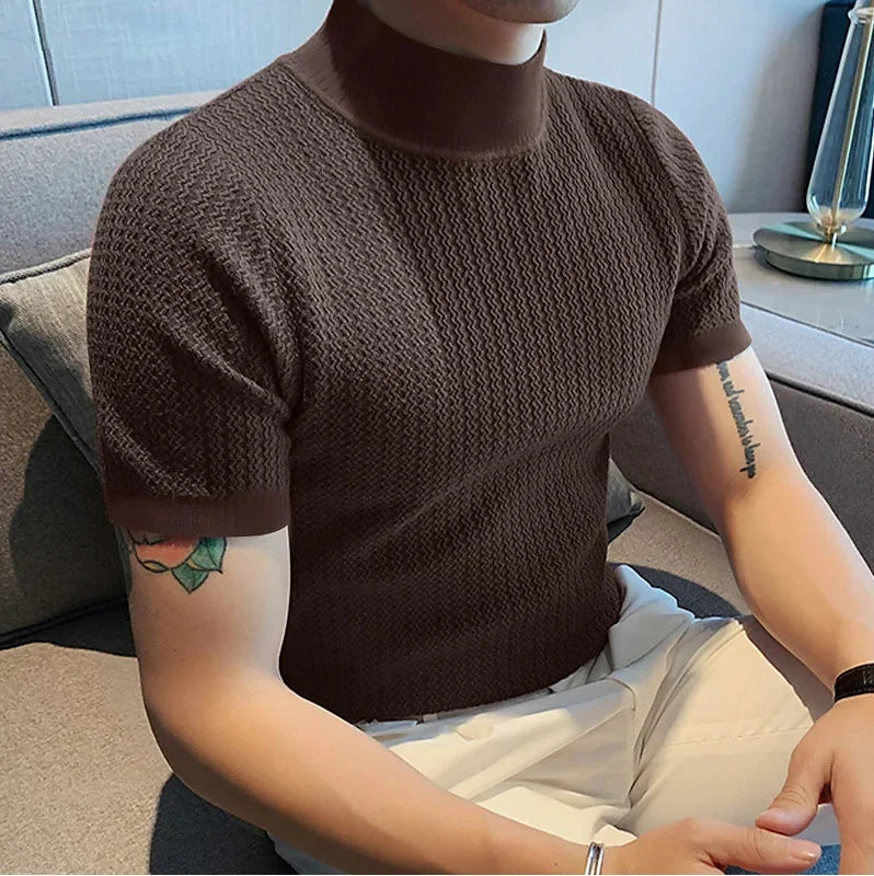Men's High Neck Knitted Water Ripple T-Shirt