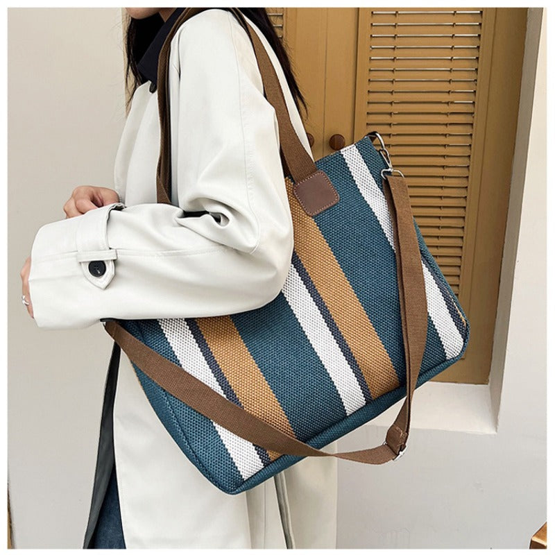Women's Striped Canvas Crossbody Shoulder Bag - Large Tote 2023