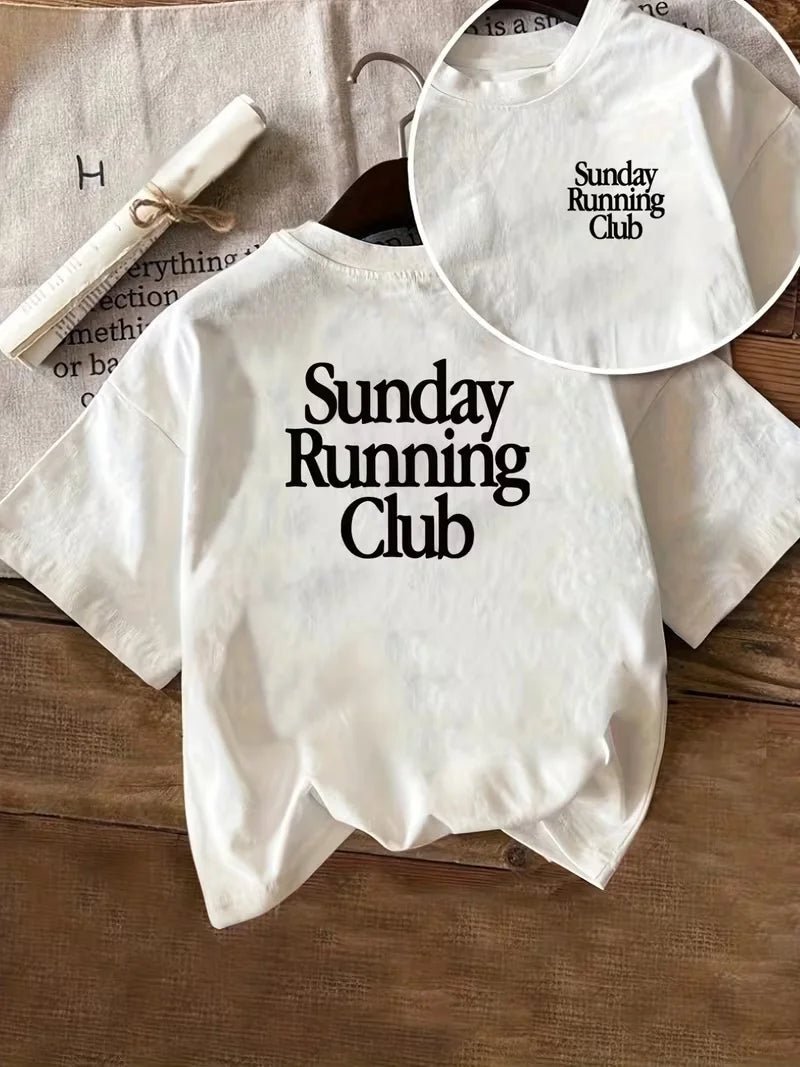 Women's T-shirt with Sunday Running Club Graphic,Double Sided Short Sleeve Outdoor Sports Top Women's Casual Loose T Shirt - lily supply