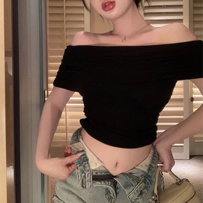 1pcs Girls Off - Shoulder T-shirt Women's Basic Fashion Tee Solid Ladys Short Sleeve Slim Tops Females Sexy Tshirts - lily supply
