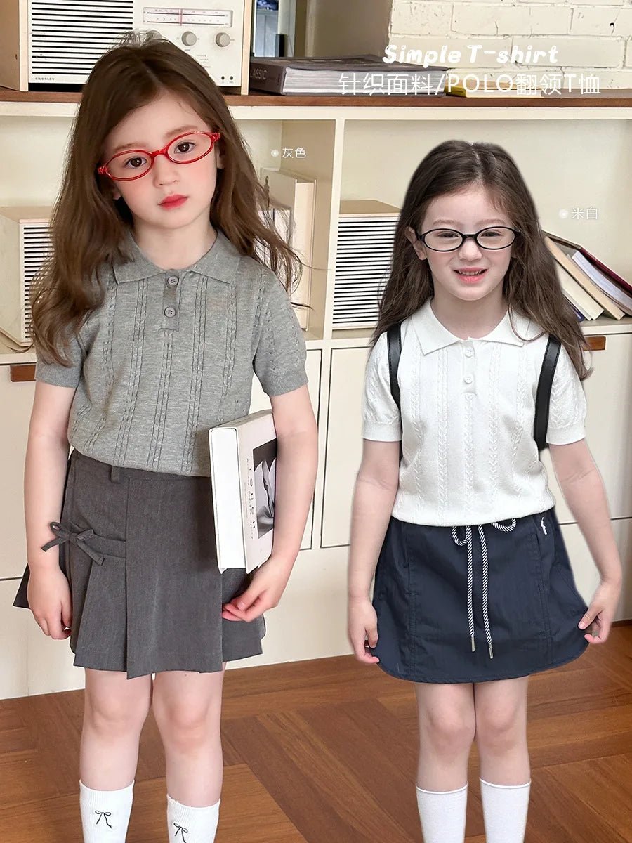 Girls' Summer Solid Color Knitted Twisted Flower T-shirt Children's Leisure Korean Edition POLO Collar Short Sleeve Top 2025 Sch - lily supply