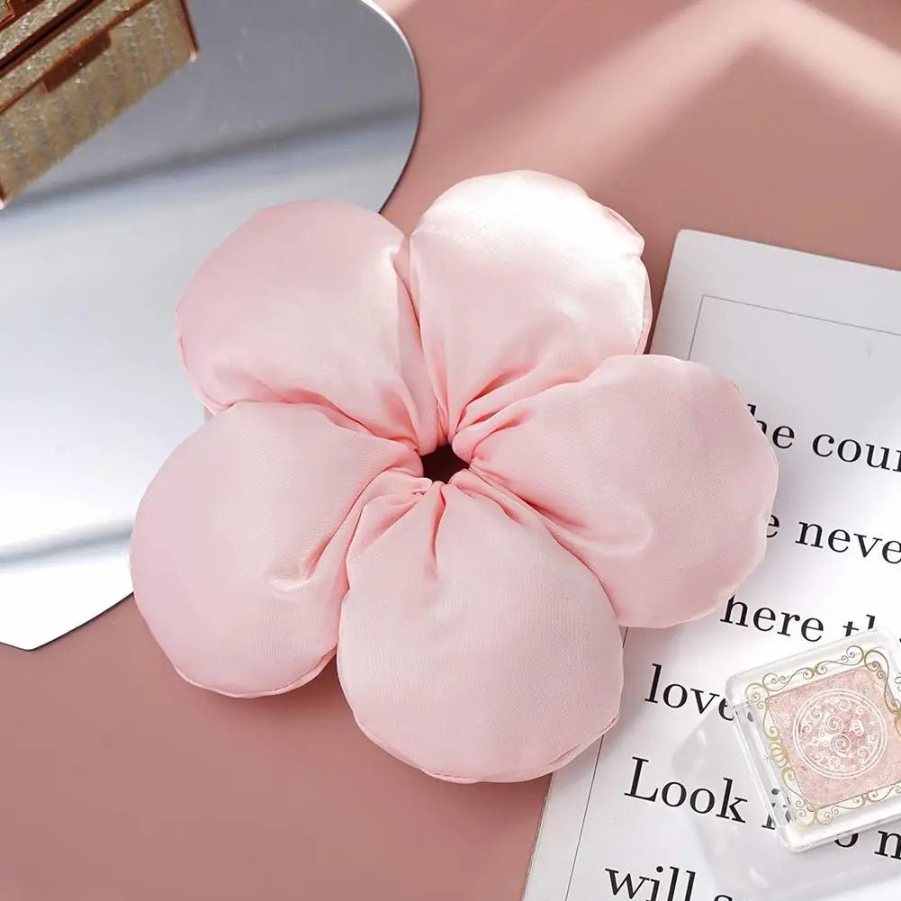 Pink Flower Sponge Scrunchie Hair Tie - Sweet Girl Hair Accessory - lily supply