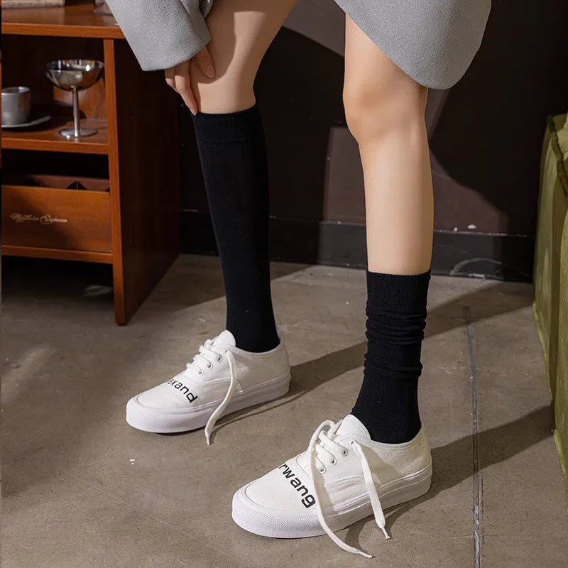 Women's JK Cotton Knee High Socks - Black White Slimming Japanese Korean Style