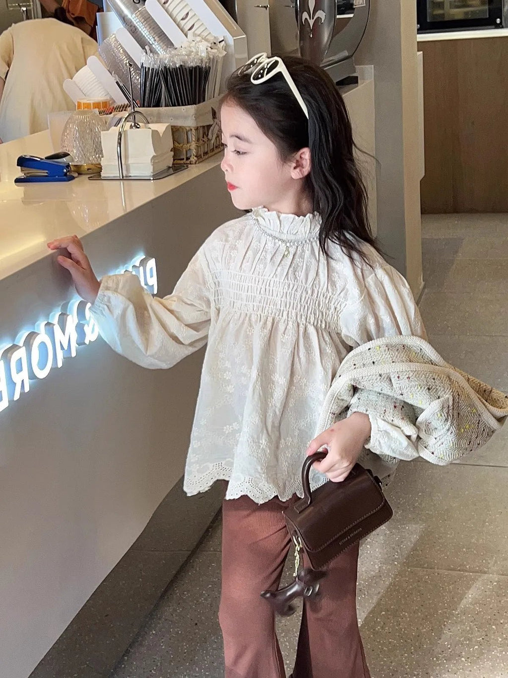 Girls shirt stand - up collar embroidered dark flower pleated top coat 2025 autumn clothes new children's clothing 3 - 8 years old - lily supply