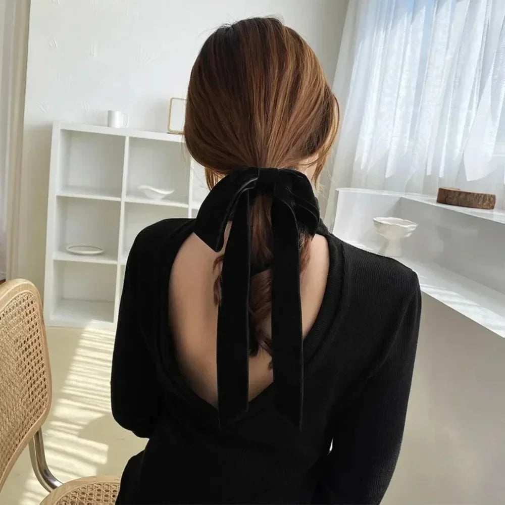 Vintage Black Velvet Bow Ribbon Scrunchie - Long Elastic Hair Tie for Women