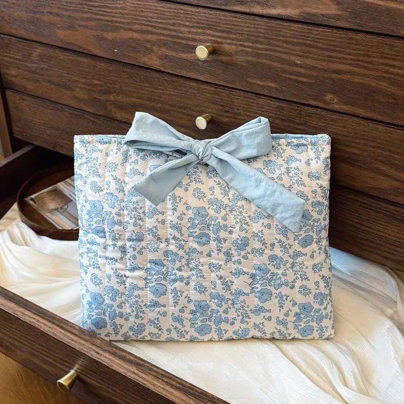 Blue Floral Bow Cotton Linen Tote Bag - Lightweight Daily & Beach Shoulder Bag - lily supply
