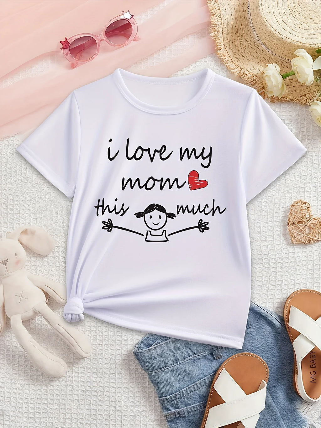 Girls' "I LOVE MY MOM THIS MUCH" Graphic T-Shirt Summer Casual Short Sleeve Top with Heart Design Round Neck Children Clothing - lily supply