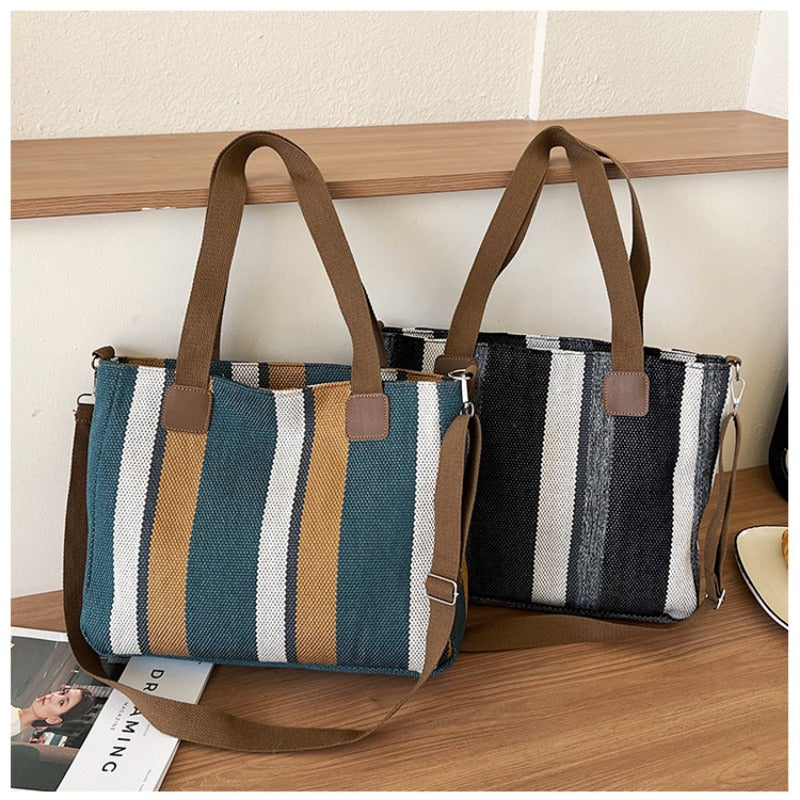 Women's Striped Canvas Crossbody Shoulder Bag - Large Tote 2023