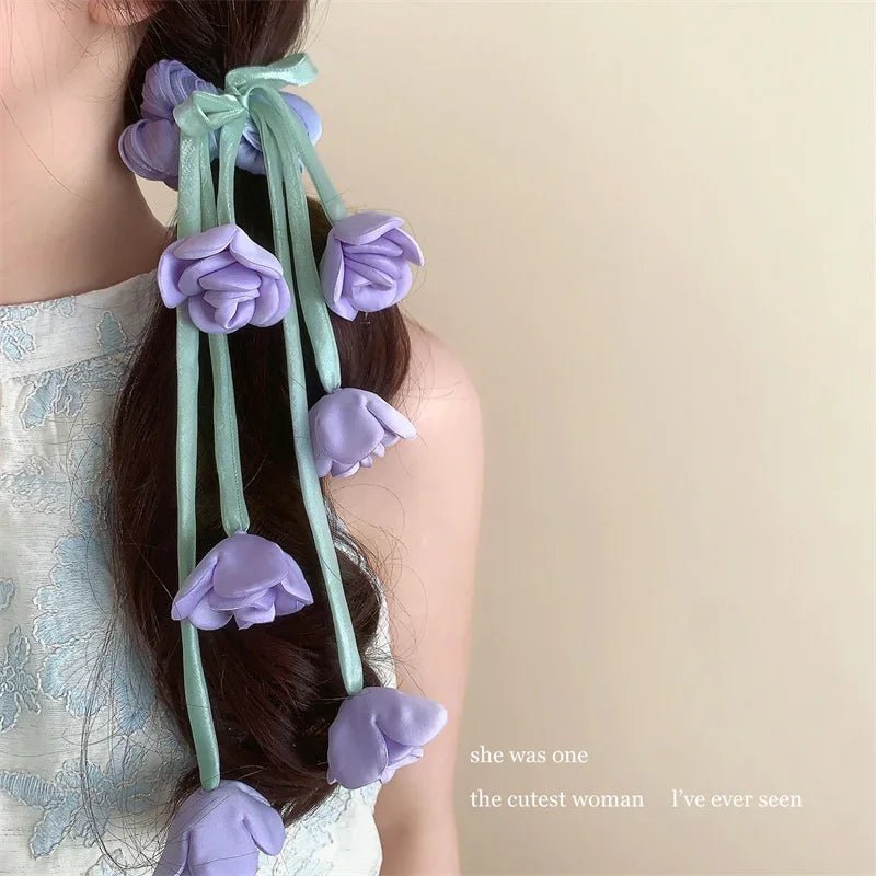 Lily of the Valley & Tulips Floral Scrunchie - Dangling Ribbon Hair Tie - lily supply