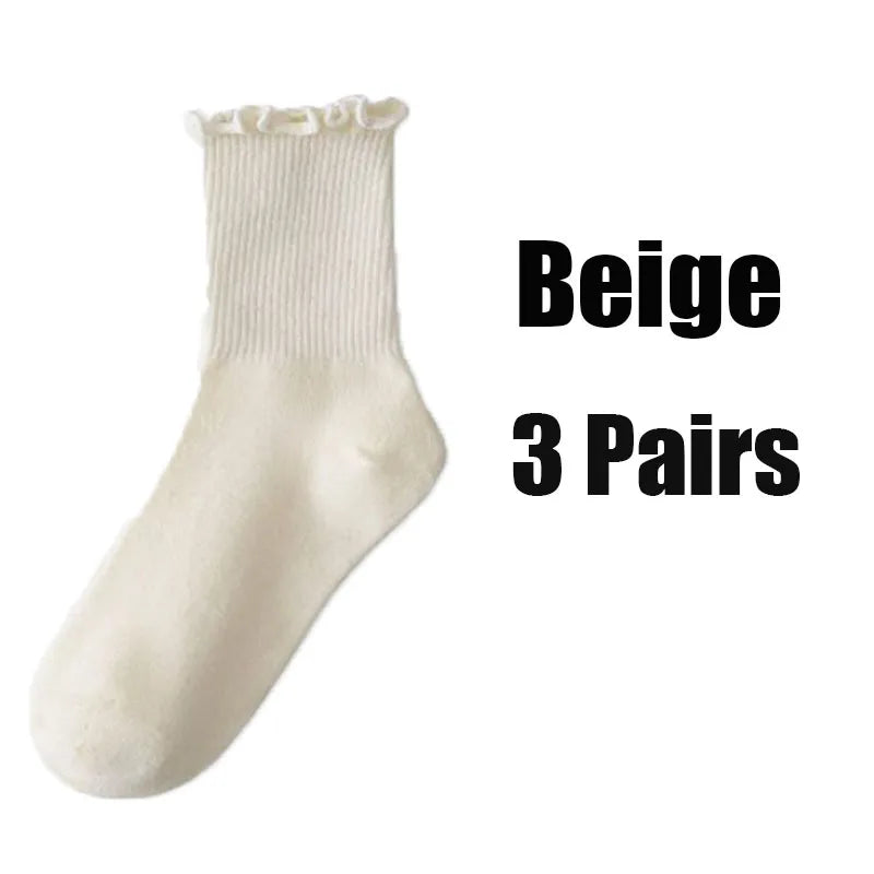 Women's Ruffle Mid Tube Ankle Socks - Breathable Cotton Black White Beige