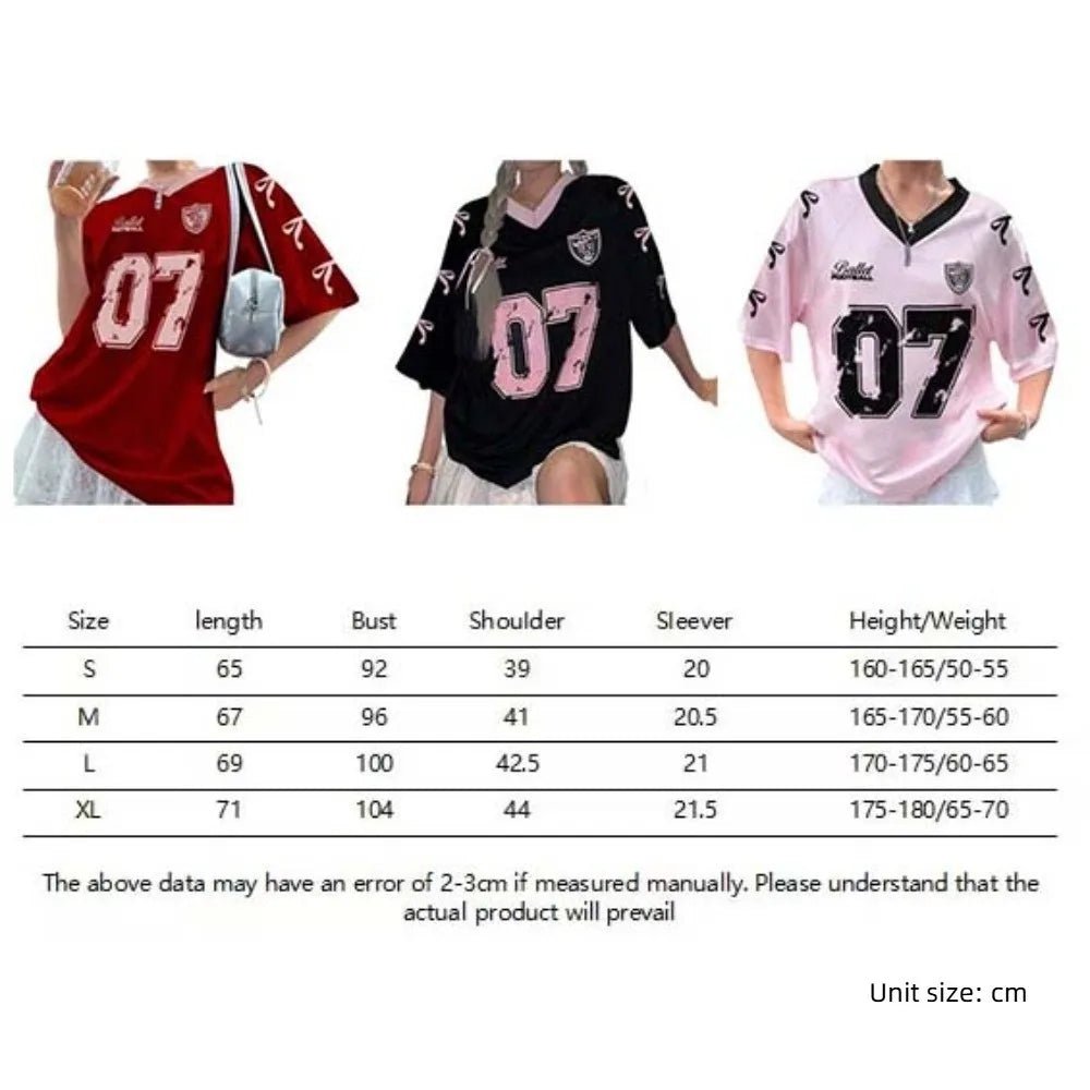 V - neck Sports Tennis T-shirts Teenagers Adolescent Number Print Female Crop Tops Casual Large Size Bow Letter Shirt - lily supply