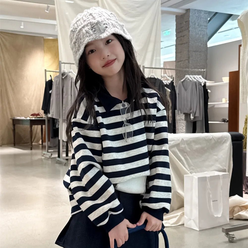 Girls Long Sleeve T-shirt 2025 Autumn Spring New Korean Fashion Casual Daily Sriped Turn - down Collar Top Kids All - match Clothes - lily supply