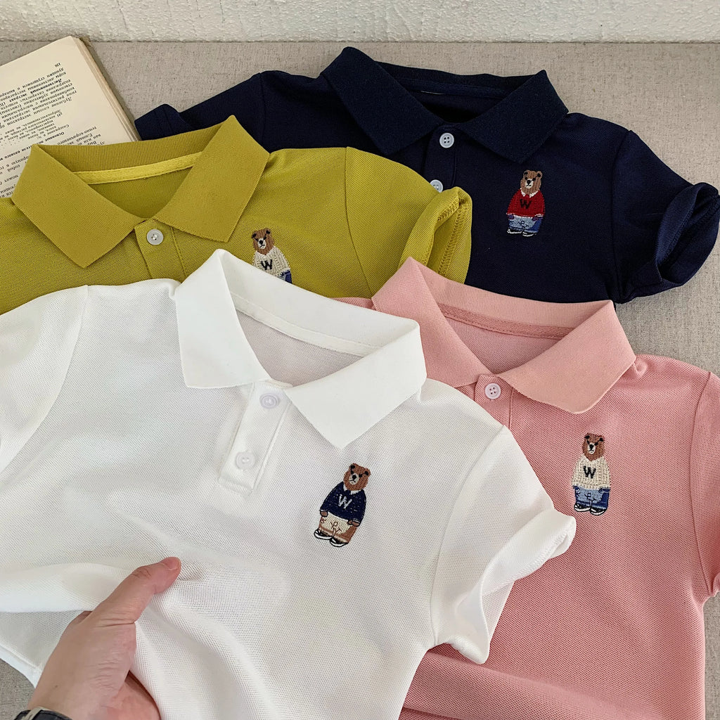 Kids Cartoon Bear Print Polo Shirt