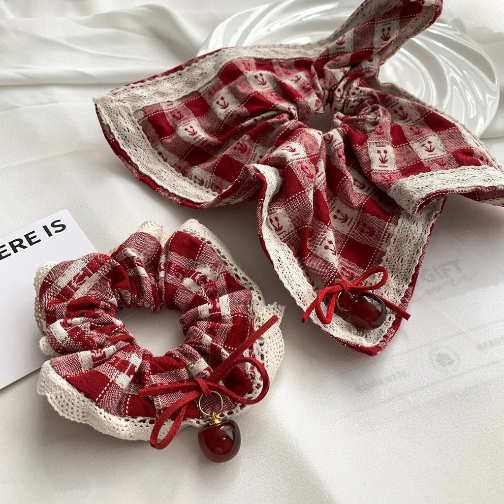 Red Check Cherry Lace Scrunchie - Sweet Square Scarf Hair Rope - lily supply