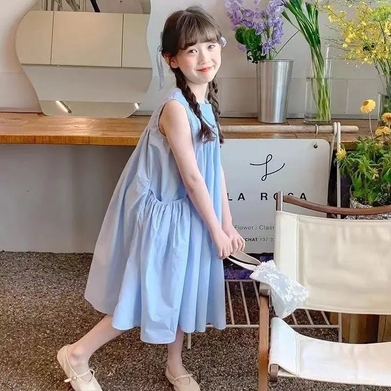 Girls Solid Cotton Ruched Sleeveless Dress with Pockets | Loose A - Line Summer Dress Ages 3 - 12Y - lily supply