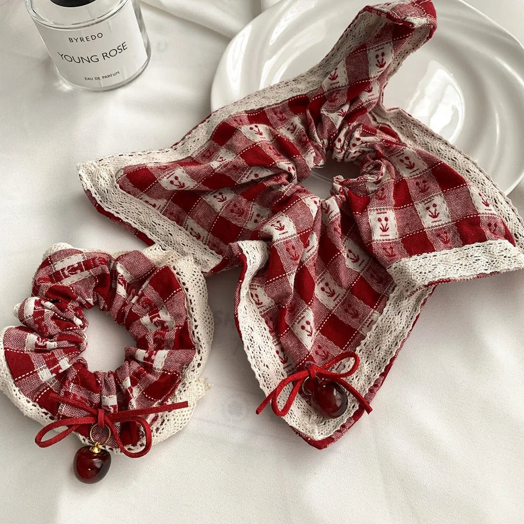 Red Check Cherry Lace Scrunchie - Sweet Square Scarf Hair Rope - lily supply