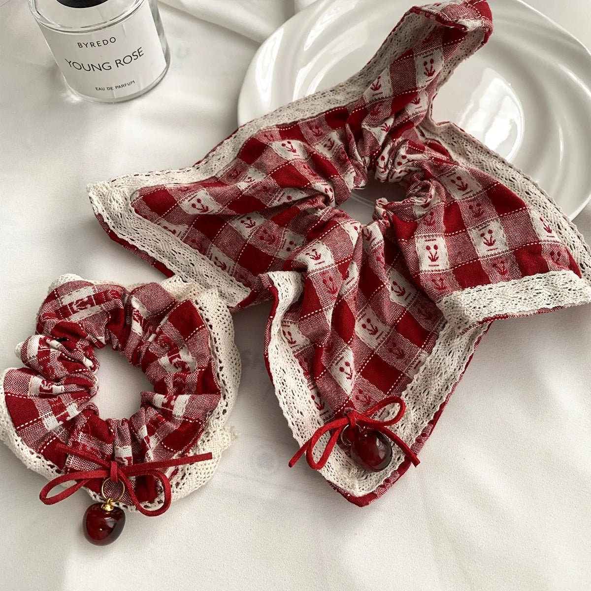 Red Check Cherry Lace Scrunchie - Sweet Square Scarf Hair Rope - lily supply