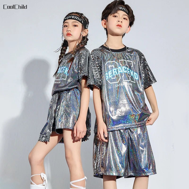 Girls Hip Hop Shine T-shirt Street Dance Skirts Boys Tee Silver Shorts Clothes Sets Kids Jazz Outfits Child Summer Streetwear - lily supply