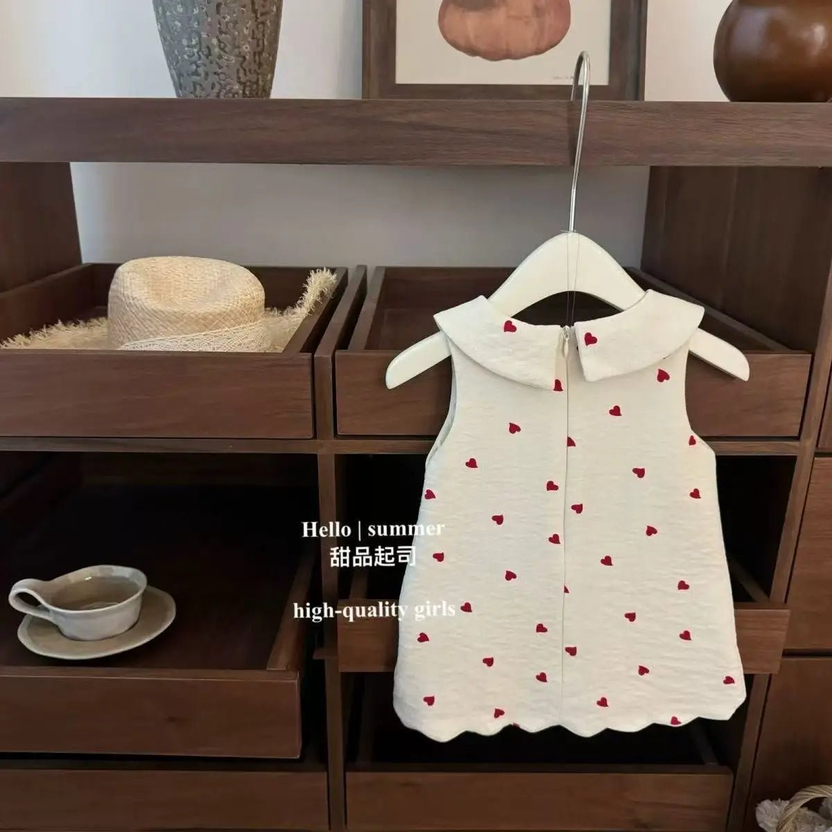 Girls Sweet Heart Print Doll Neck Tank Dress | Korean Style Cotton Summer Dress Ages 3 - 8Y - lily supply