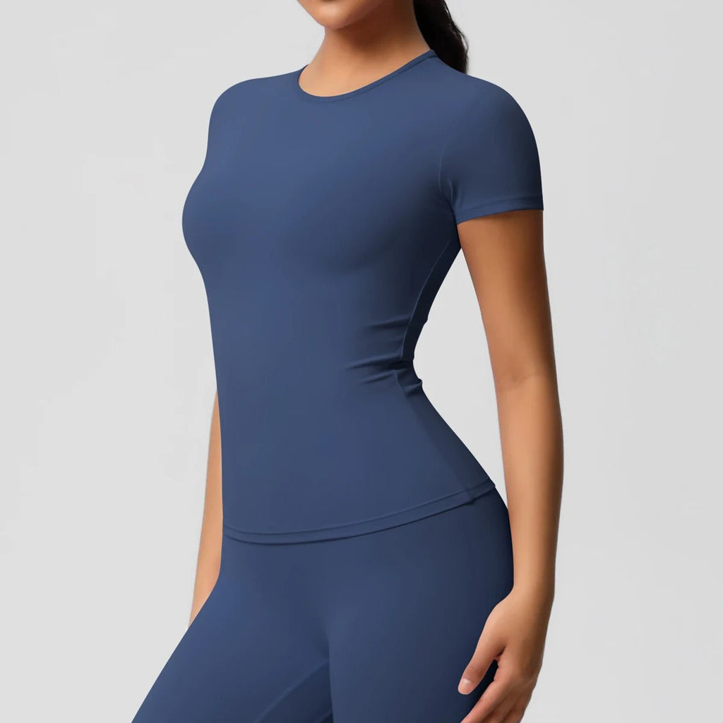 Women Running Sports T Shirt Summer Short Sleeve Round Neck Breathable Stretchy GYM Yoga Slim Fitness Active Top - lily supply