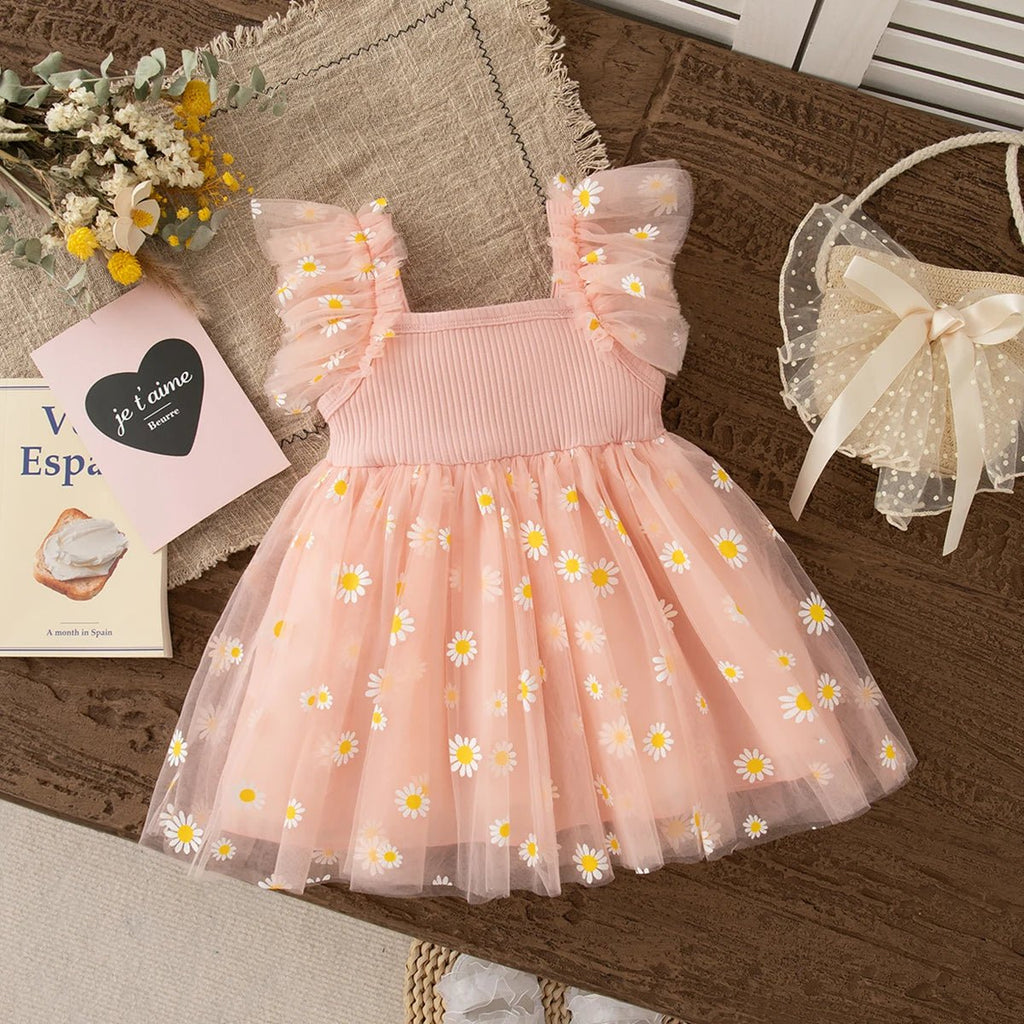 Girls Daisy Print Tulle Summer Dress | Cute Princess Baby Girl Dress 6M - 3Y - lily supply