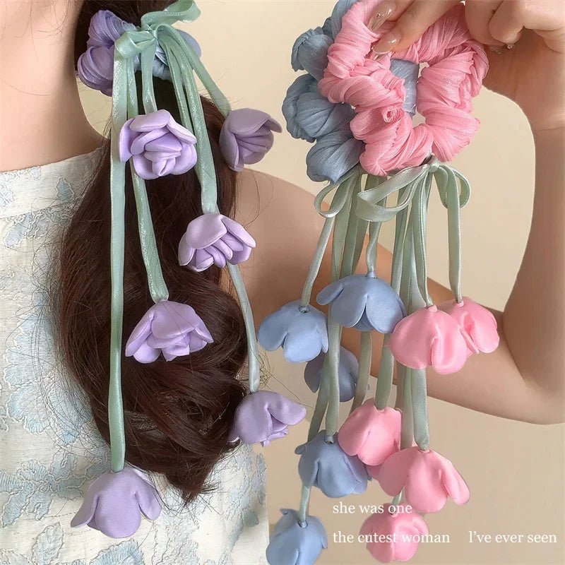 Lily of the Valley & Tulips Floral Scrunchie - Dangling Ribbon Hair Tie - lily supply