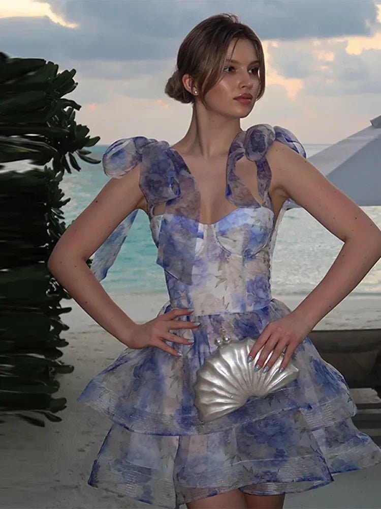 Elegant Printed Short Dresses Women Chic Lace Up Sleeveless Puff Dress Female Summer Holiday High Waist Lady Vestidos Beachwear - lily supply