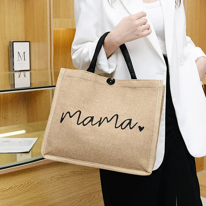 Mama Letter Print Linen Tote Bag - Large Capacity Baby Diaper Shoulder Bag