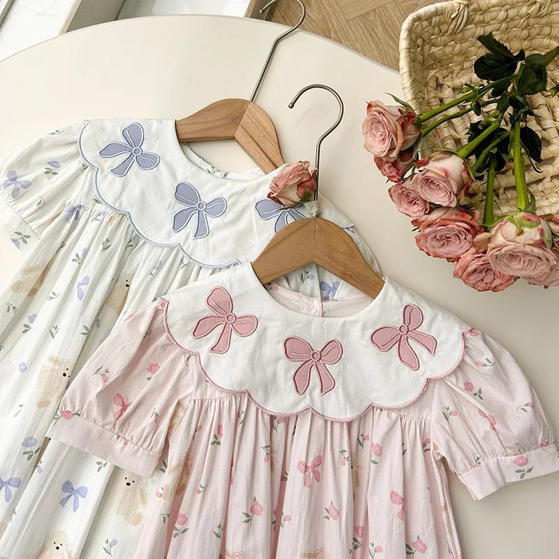 Girls Bow Embroidered Princess Dress | Cartoon Print Short Sleeve Summer Dress 1 - 8Y - lily supply