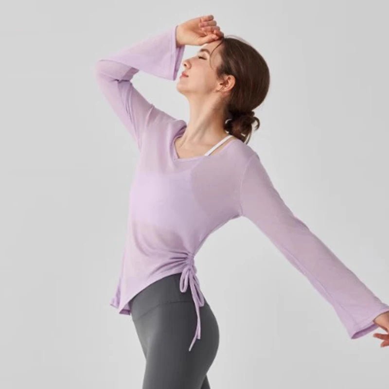 Women's yoga sports T-shirt, drawstring light thin sports loose hip covering irregular fitness long sleeved cover shirt - lily supply