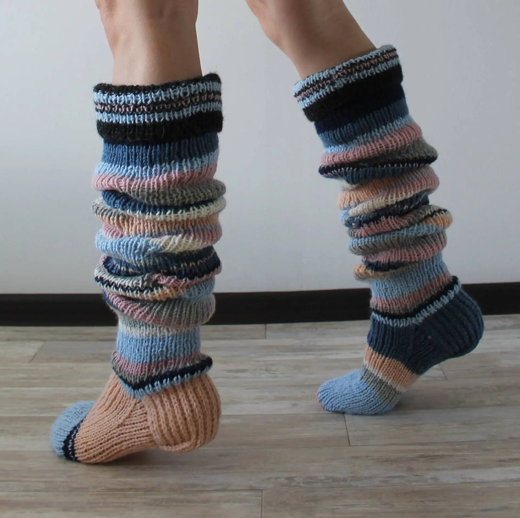 Women's Wool Knee Socks & Leg Warmers - Y2K Striped Knitted Stacked Socks - lily supply
