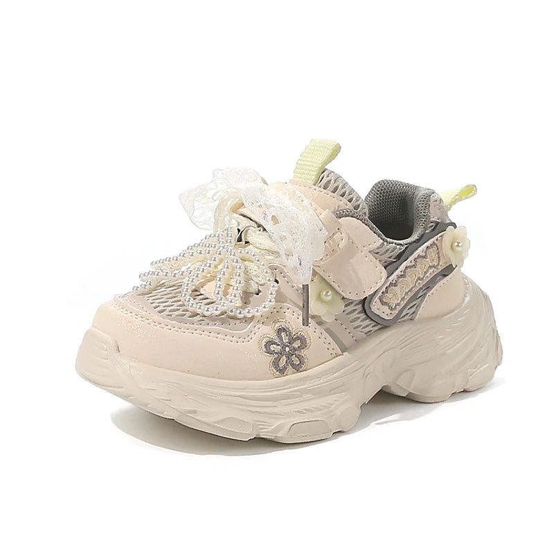 Girls Princess Sneakers Sweet Lace Beading Bows Children Sports Shoes Mesh Breathable 2025 Autumn New Kids Running Shoes Soft - lily supply