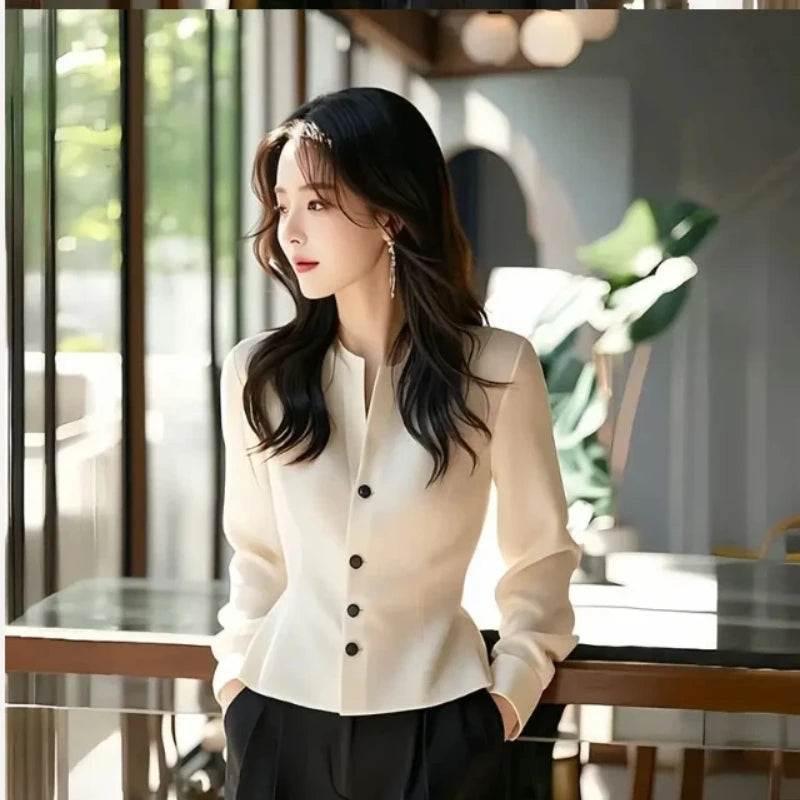 White Temperament Short Shirt Tops Long Sleeve Solid Button Elegant Blouse Spring Autumn New Elegant Fashion Women Clothing