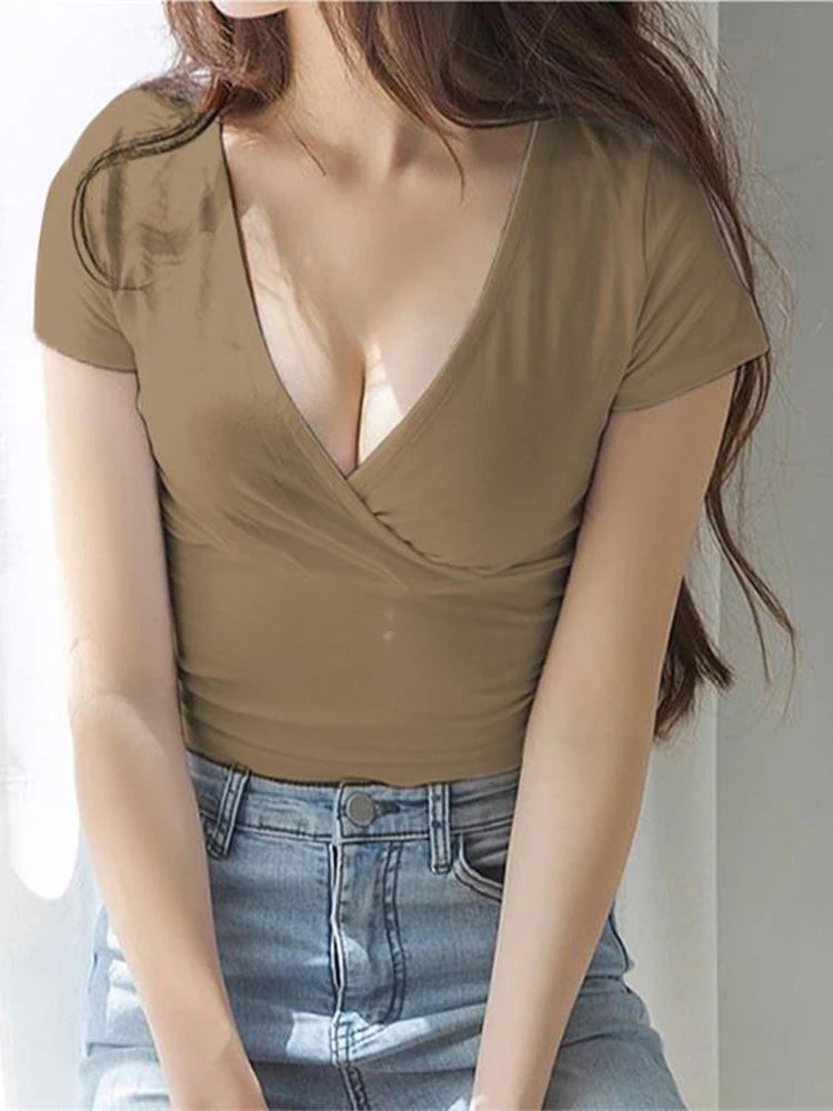 Women's Low Cut Cross Wrap Crop Top - Short Sleeve Slim Tee