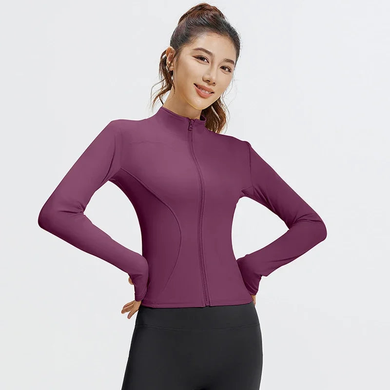 Women's Slim Yoga Running Zip Jacket - Long Sleeve Quick Dry Stand Collar Coat