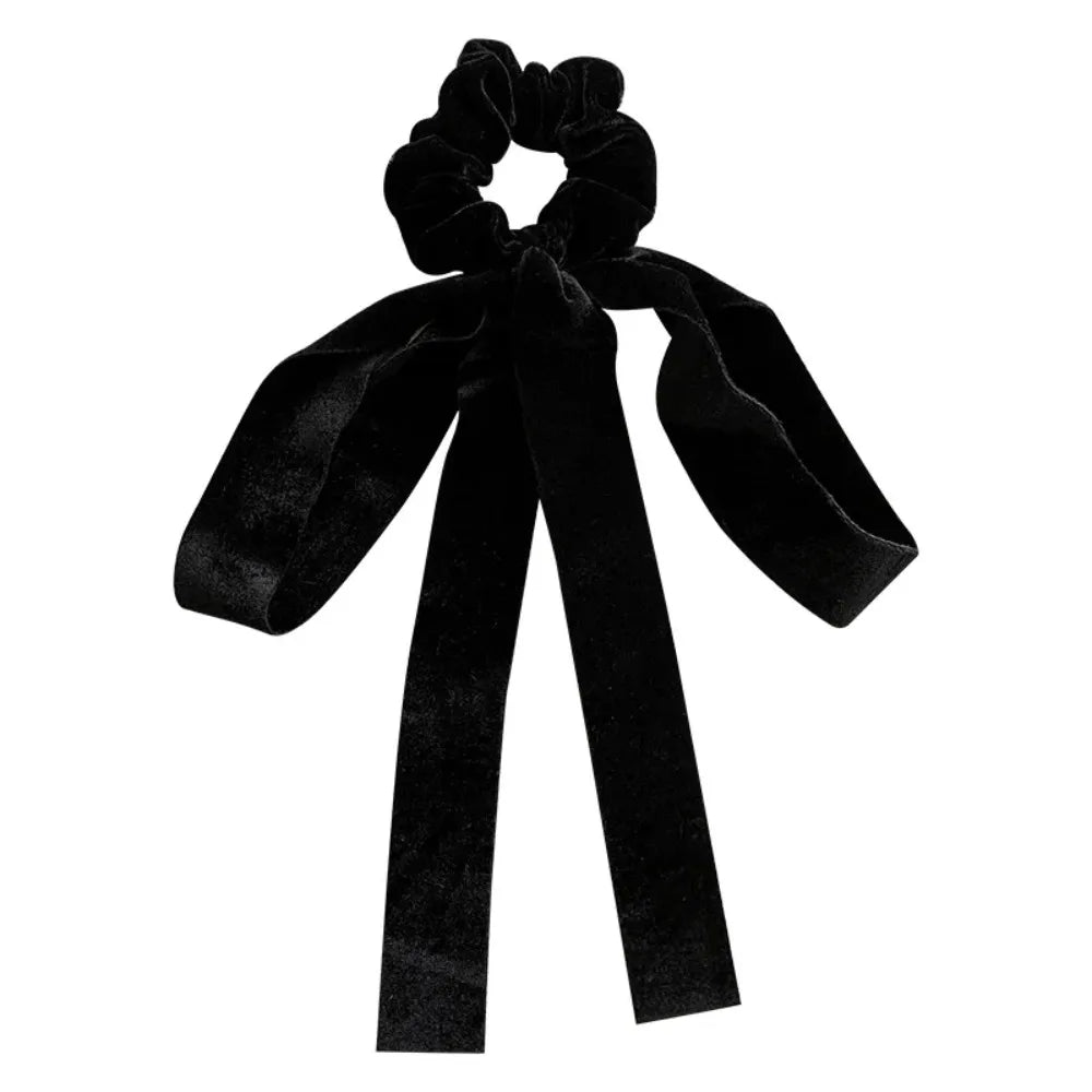 Vintage Black Velvet Bow Ribbon Scrunchie - Long Elastic Hair Tie for Women - lily supply