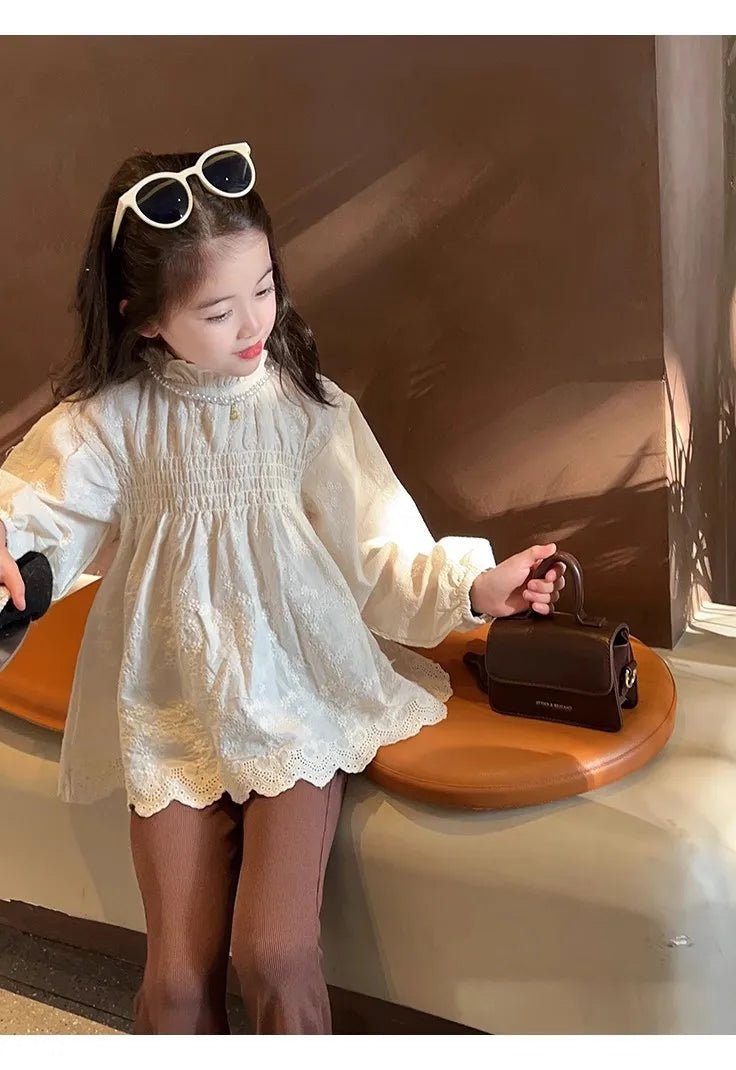 Girls shirt stand - up collar embroidered dark flower pleated top coat 2025 autumn clothes new children's clothing 3 - 8 years old - lily supply