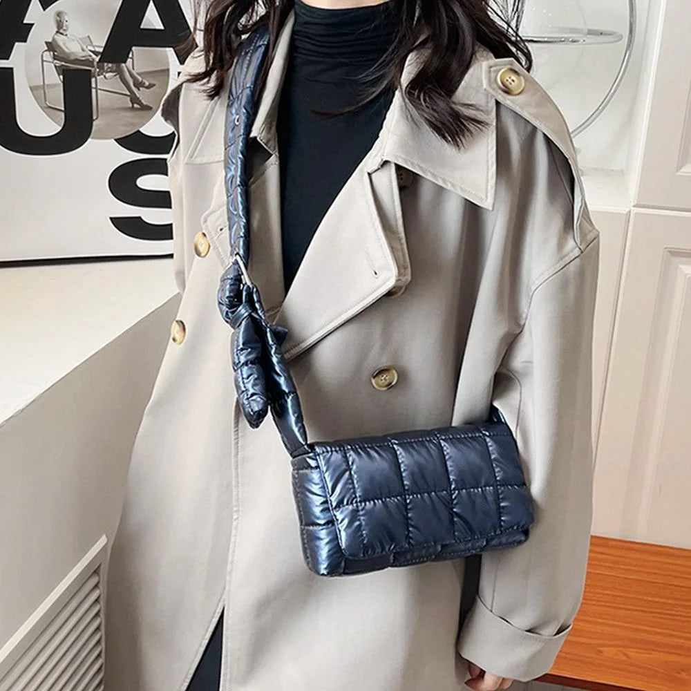 Fashion Quilted Padded Tote Bag - Warm Down Cotton Plaid Shoulder Bag