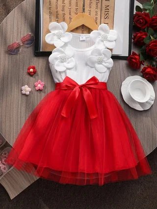 Girls' Spring and Summer Fashion Color - Block Sleeveless Dress with 3D Floral Embellishments, Tulle Skirt and Bow Accents - lily supply