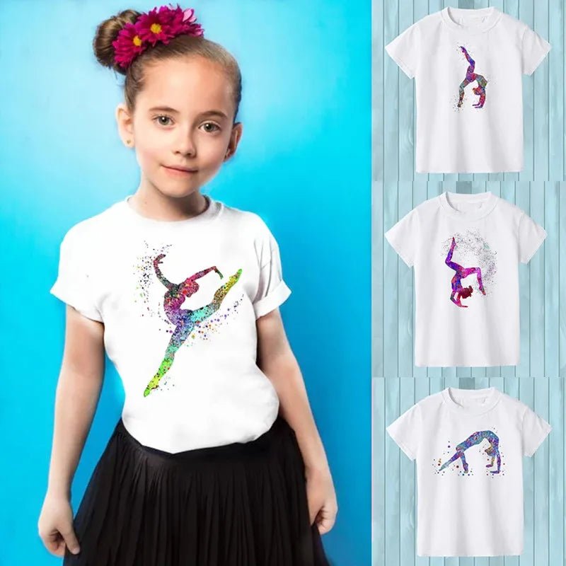 Gymnast Dancer T-Shirt Femme Watercolor Rainbow Gymnastics Art Tshirt Girls Summer Kids Tees Shirt Tops Child Streetwear Hipster - lily supply