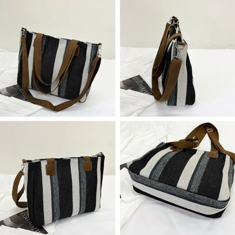 Women's Striped Canvas Crossbody Shoulder Bag - Large Tote 2023